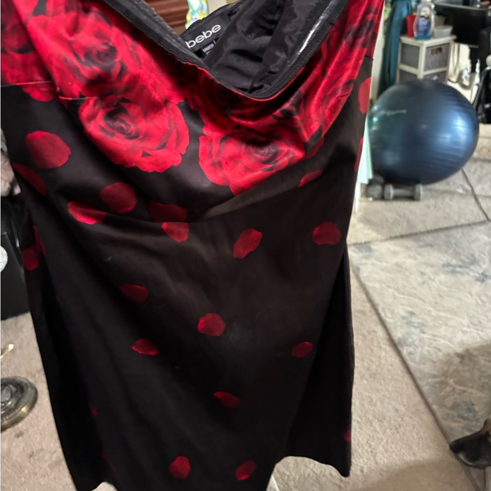 Bebe Black Dress with Red Floral Design